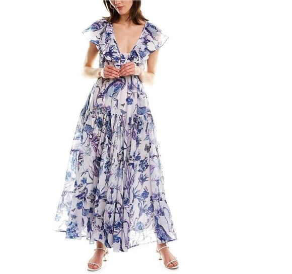 Banjanan Dresses & Skirts - Banjanan Gladys Maxi Dress Botanical Floral Blue White Size Large